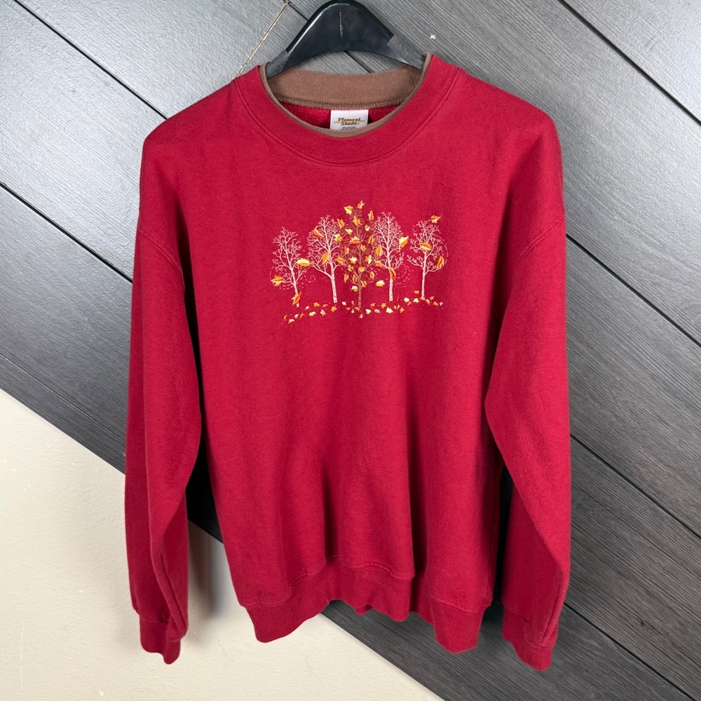 Pleasant Shade Women's Fall Embroidered Sweatshirt Med Red Autumn Trees Leaves